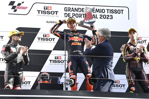 Pedro Acosta, Aron Canet, Tony Arbolino, on 2023 Moto2 Portuguese Grand Prix podium. - Gold and Goose