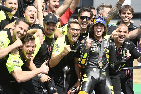 Marco Bezzecchi &amp; VR46 team celebrate 2023 MotoGP Dutch Sprint win. - Gold and Goose