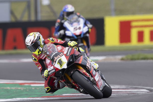 Alvaro Bautista leads Toprak Razgatlioglu, 2023 UK WorldSBK. - Gold and Goose