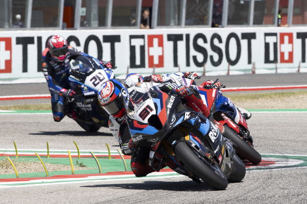 Leon Haslam leads Xavi Vierge, Bradley Ray, 2023 Italian WorldSBK. - Gold and Goose