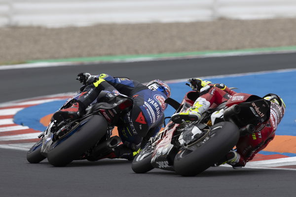 Toprak Razgatlioglu leads Alvaro Bautista, 2023 Czech WorldSBK. - Gold and Goose