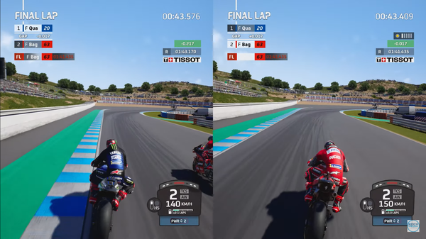 MotoGP 22 Jerez split screen gameplay.