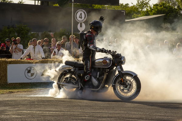 Toad from Visordown does a burnout on the new Gold Star motorcycle at FoS