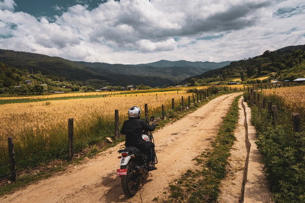 A Royal Enfield Himalayan on a trail in Bhutan