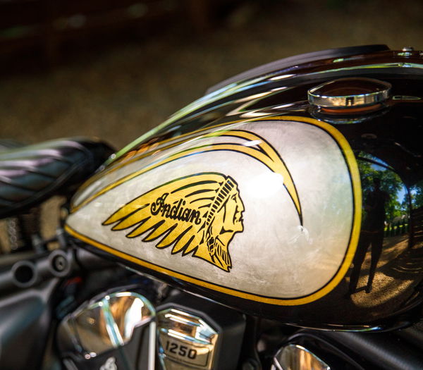 The fuel tank of an Indian Scout Custom Motorcycle