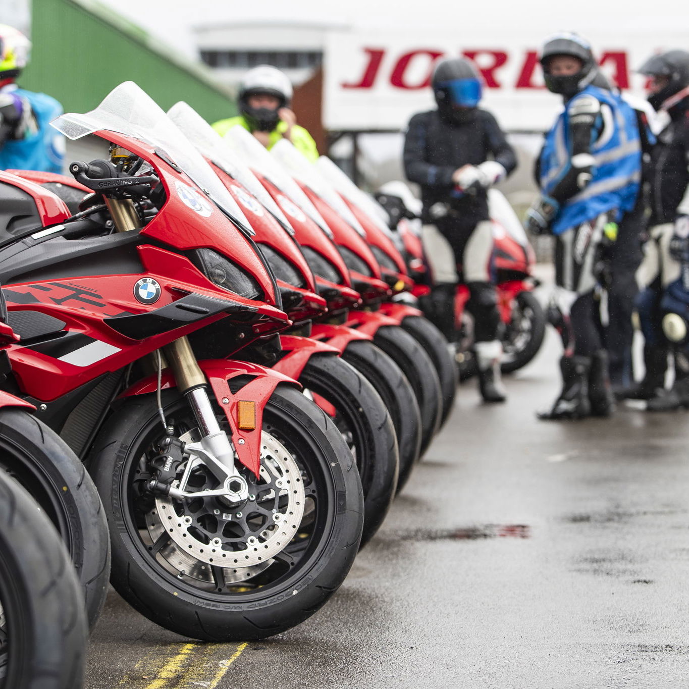 A row of BMW S1000 RR motorcycles at Mallory Park