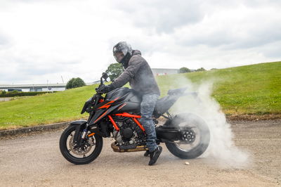 A motorcycle performing a burnout