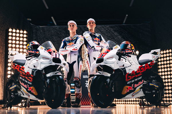 Pedro Acosta & Augusto Fernandez with Red Bull GasGas Factory Racing Tech3 retro livery for 2024 MotoGP British Grand Prix. - GasGas.