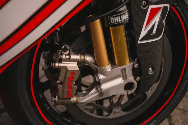 The front brake of a Ducati GP7 MotoGP bike