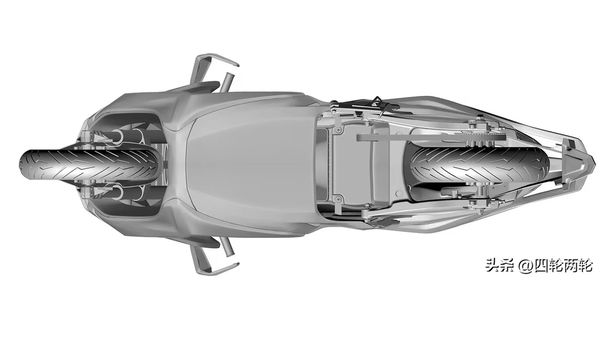 The underside of the bike showing the belt drive and wide bodywork hiding the batteries 