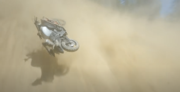 A Suzuki Hayabusa dirt bike falling down a hill