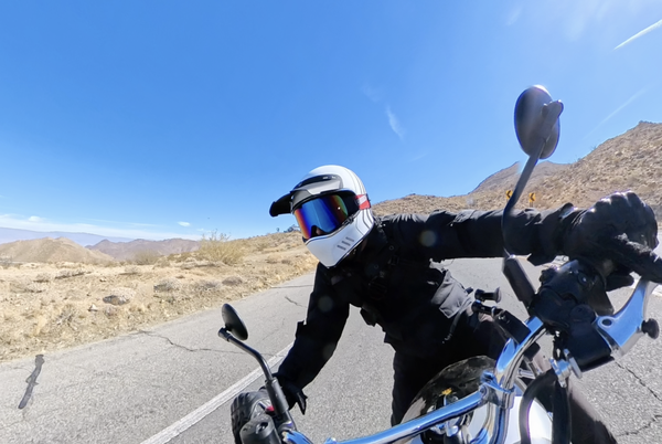 Riding a canyon road on the Royal Enfield Bear 650