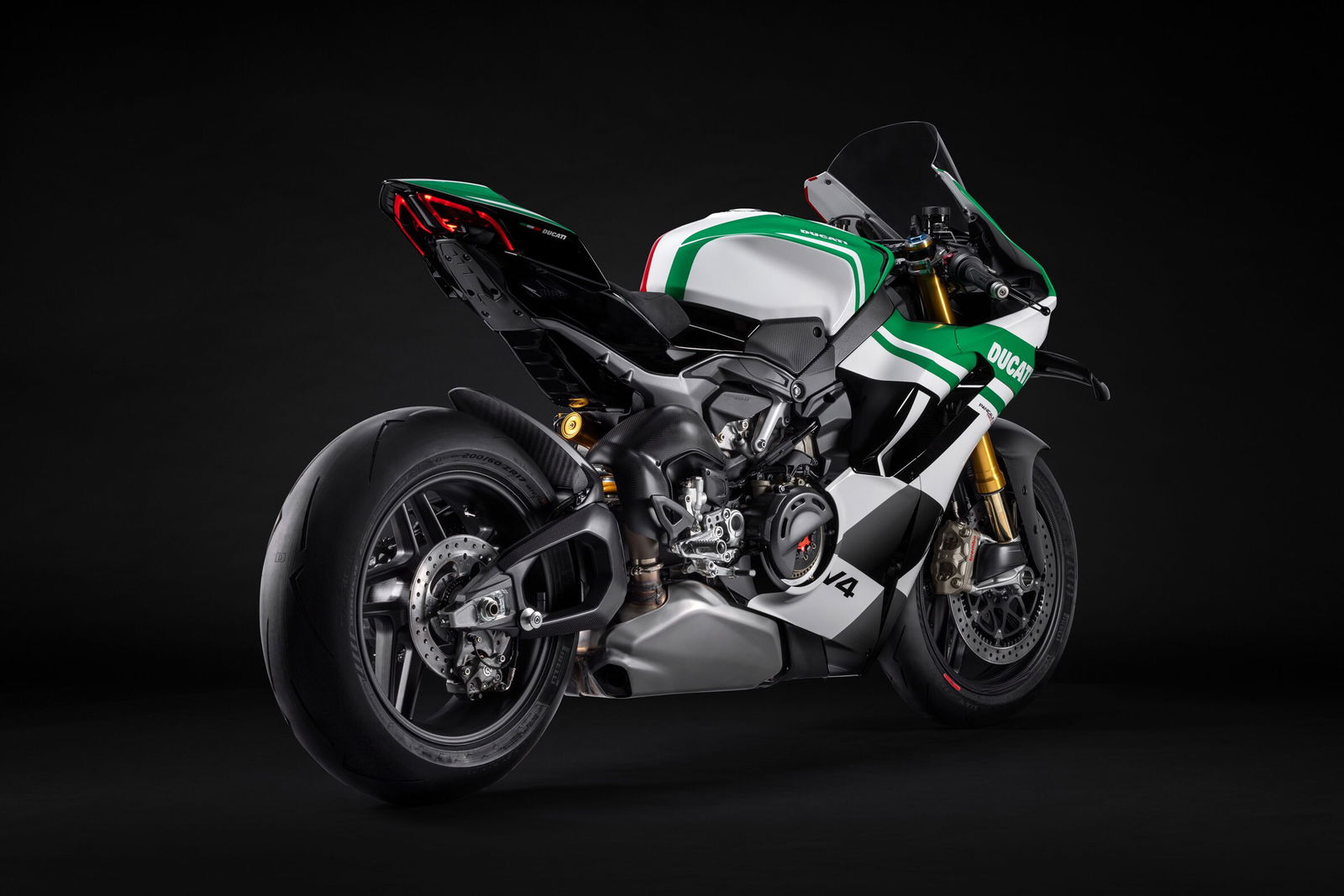A rear quarter view of the Panigale Tricolore