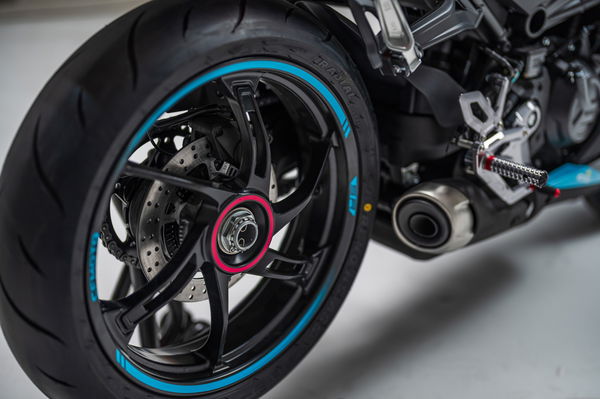 The bike retains the single-sided swingarm