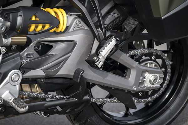 The swingarm of the bike is a similar design to that found on the Multistrada V4