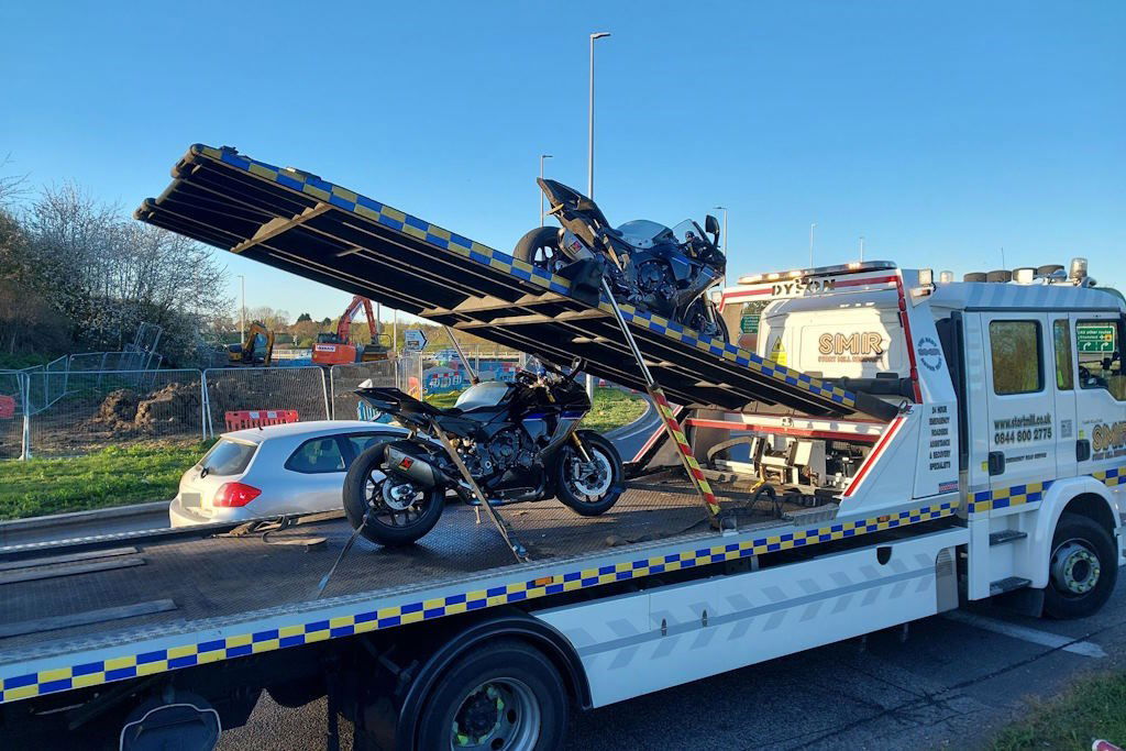 Two Yamaha R1s on a police transporter