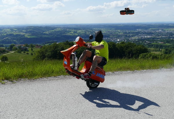 Stuntman Wheelies Vespa up a Mountain While Blindfolded