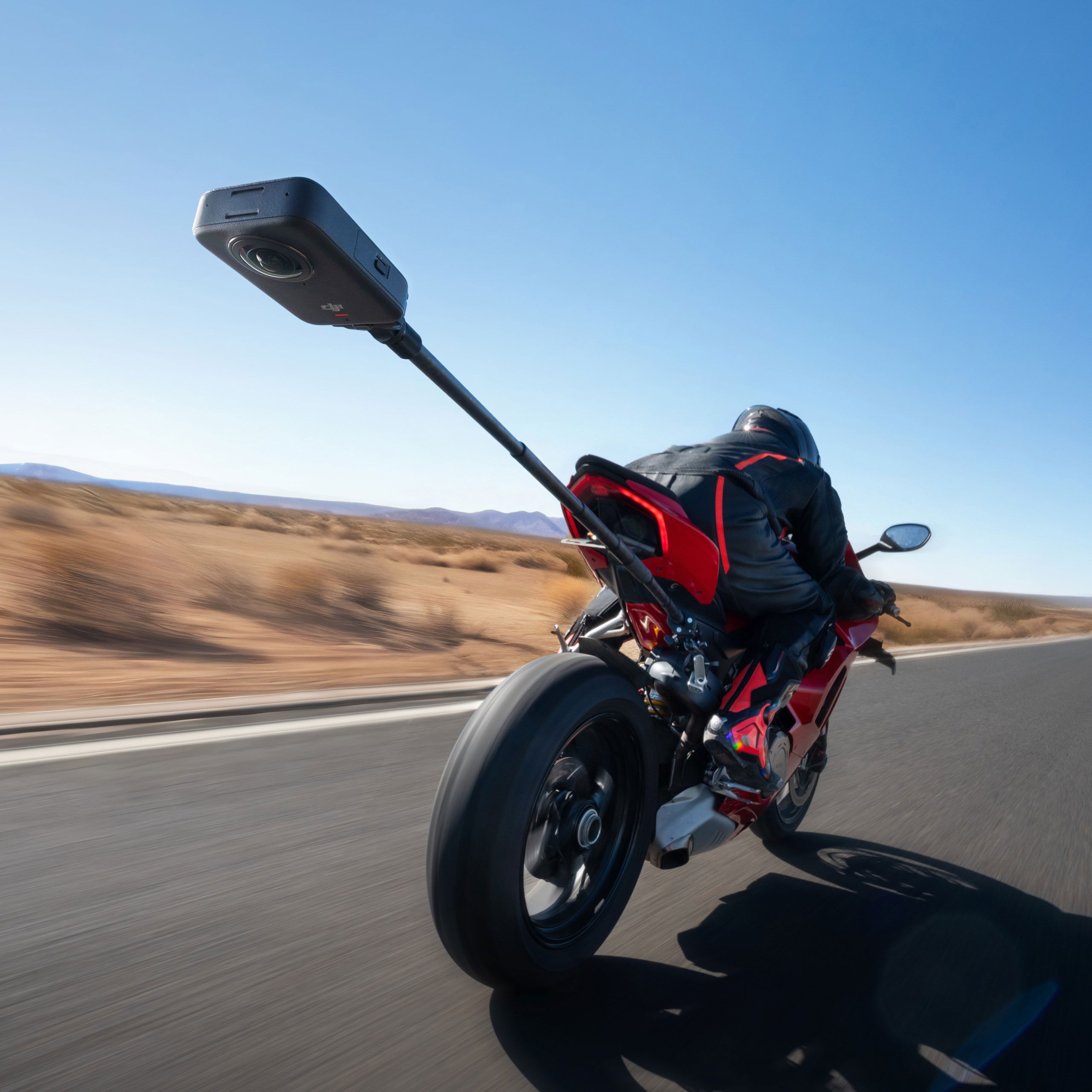 DJI Osmo 360 action camera on the rear of a motorcycle. Credit - DJI