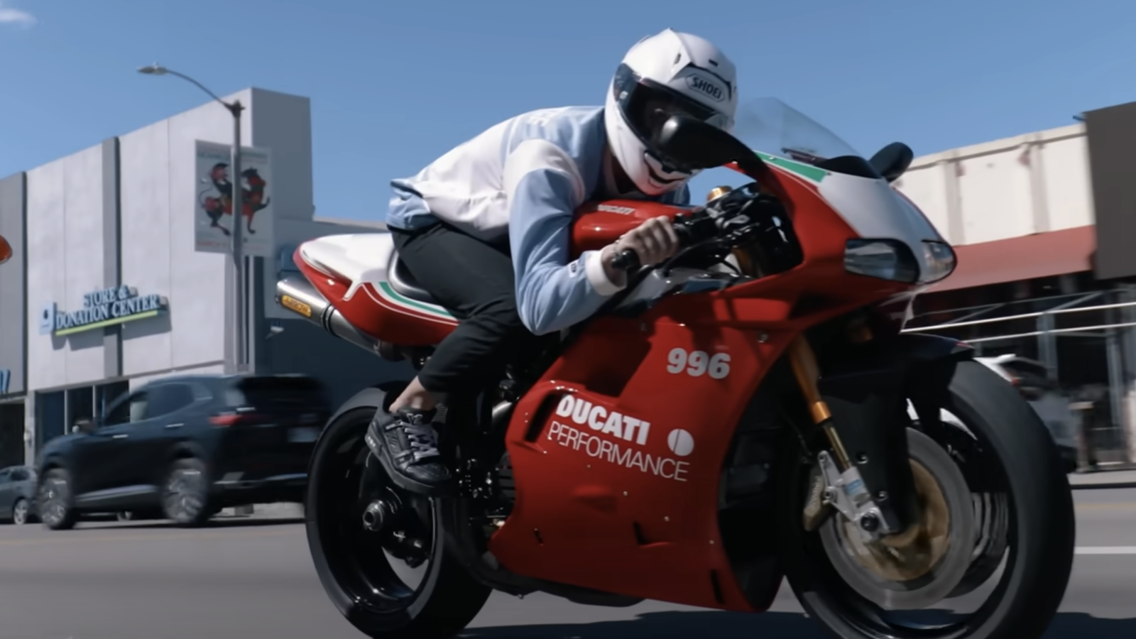 Ducati MotoGP racer Fabio Di Giannantonio rides Ducati 996 in Hollywood