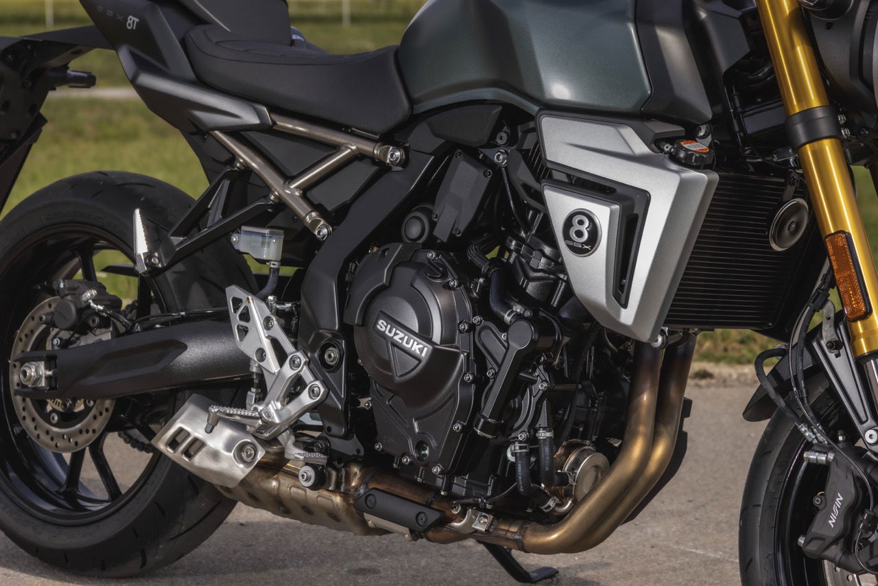 The engine and 8-ball branding of the bike