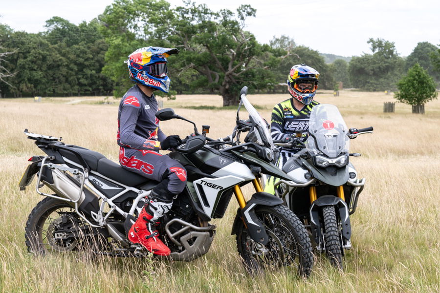 Sam Sunderland and Jonny Walker on Triumph Tiger 900 Rally Pro bikes.