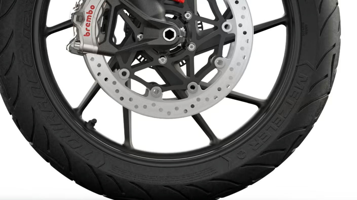 A cast motorcycle front wheel