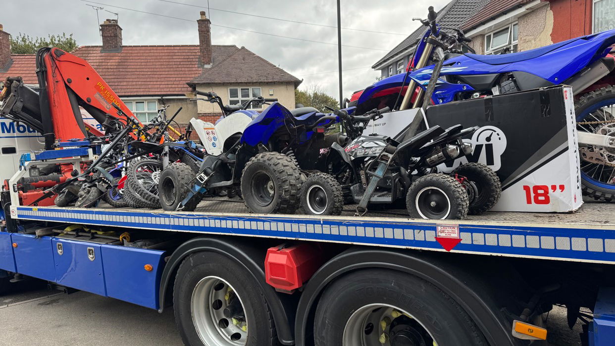 A haul of recovered stolen bikes on a low-loader