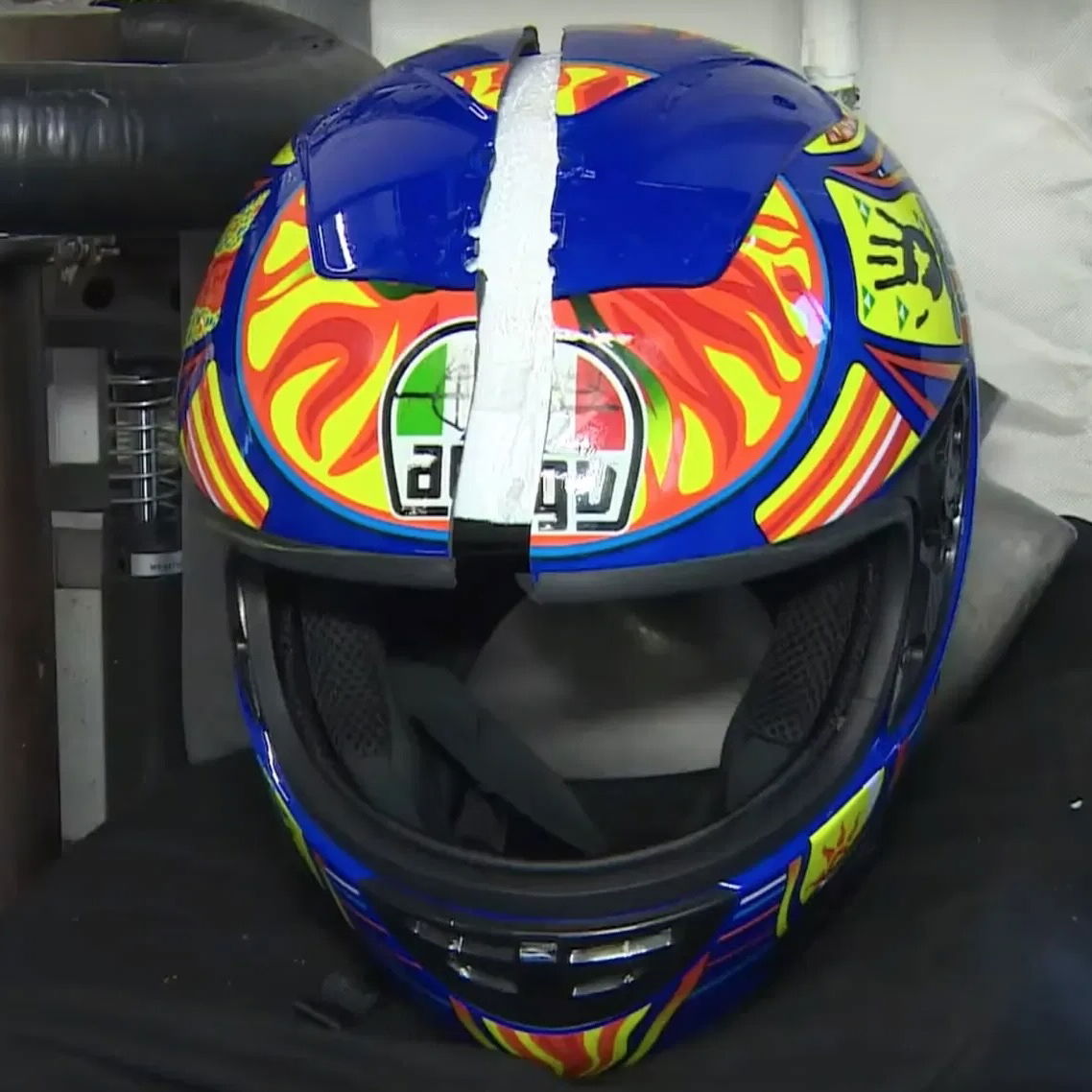 A fake AGV motorcycle helmet that cracked during testing