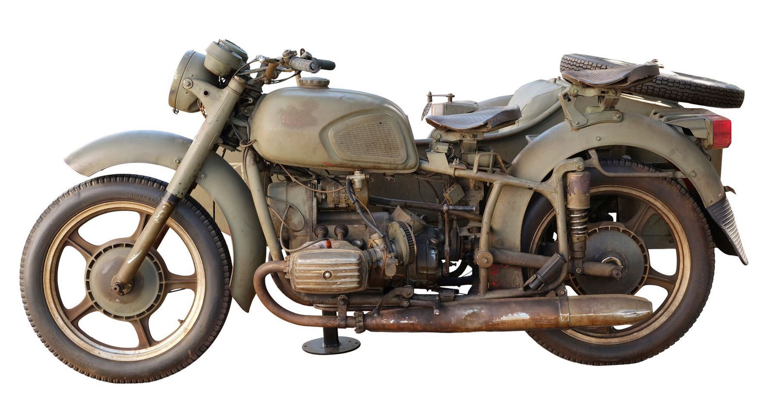 The Ural sidecar has been photo-matched to the one used on set