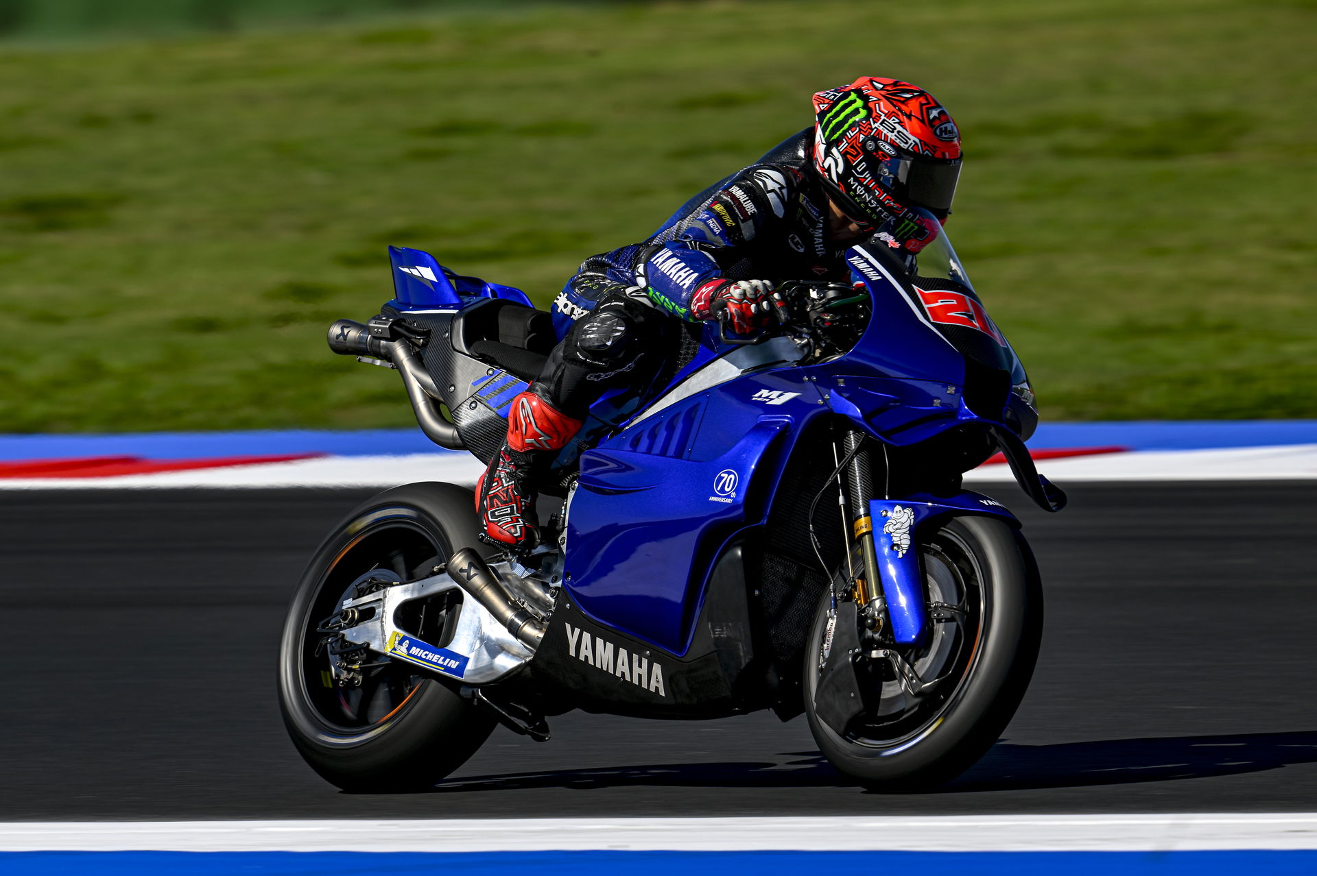 Fabio Quartararo riding the new Yamaha V4 MotoGP bike