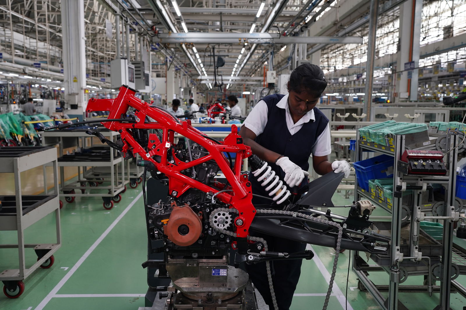 Part of the Apache 310 build line which uses robots to move the bikes