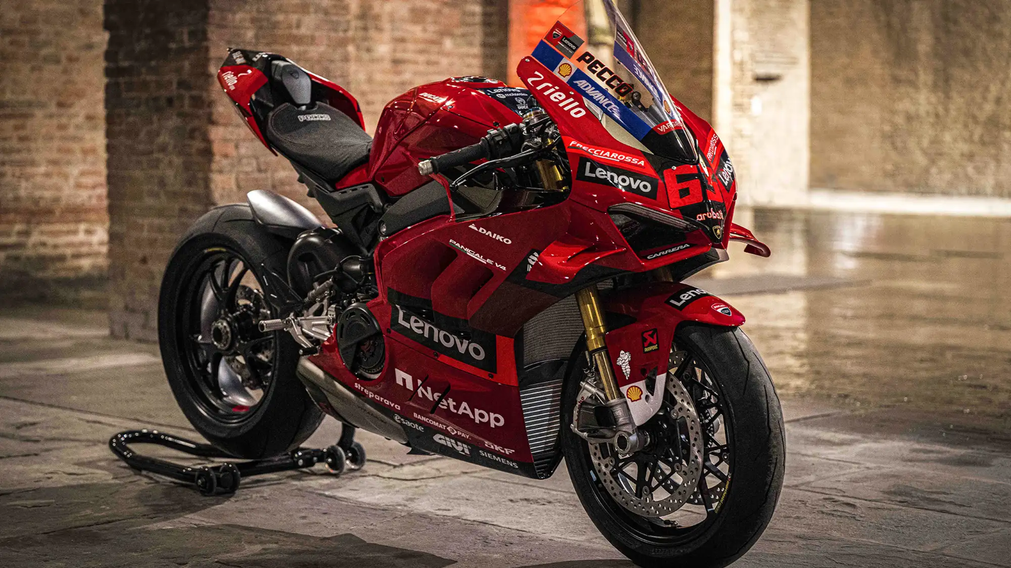 Ducati Panigale V4 Bagnaia replica on a stand