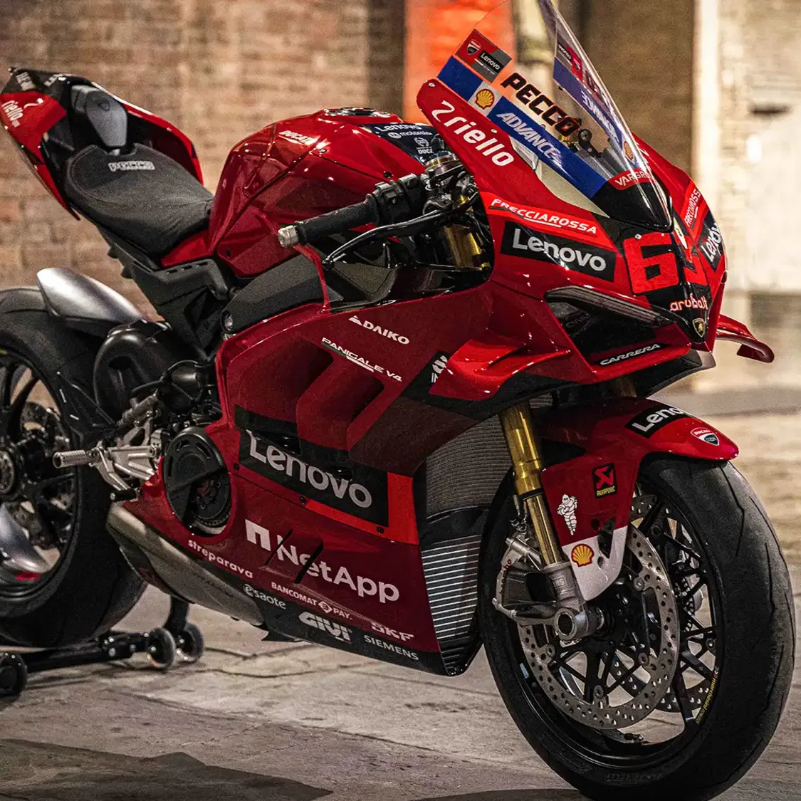 Ducati Panigale V4 Bagnaia replica on a stand