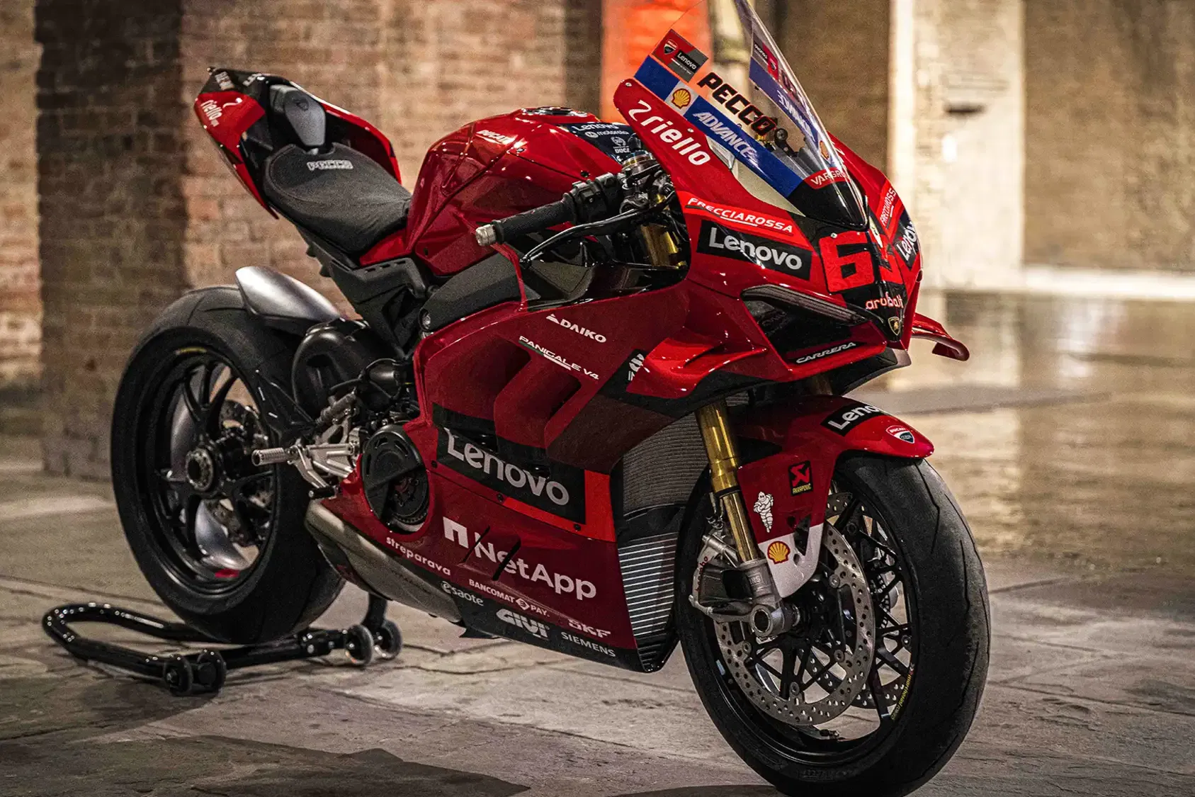 Ducati Panigale V4 Bagnaia replica on a stand