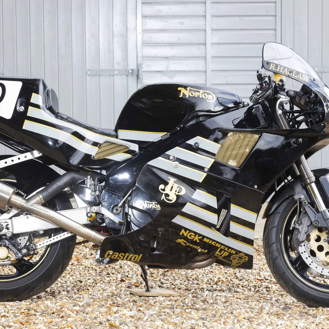 Norton RCW588 Ron Haslam race replica parked off-road