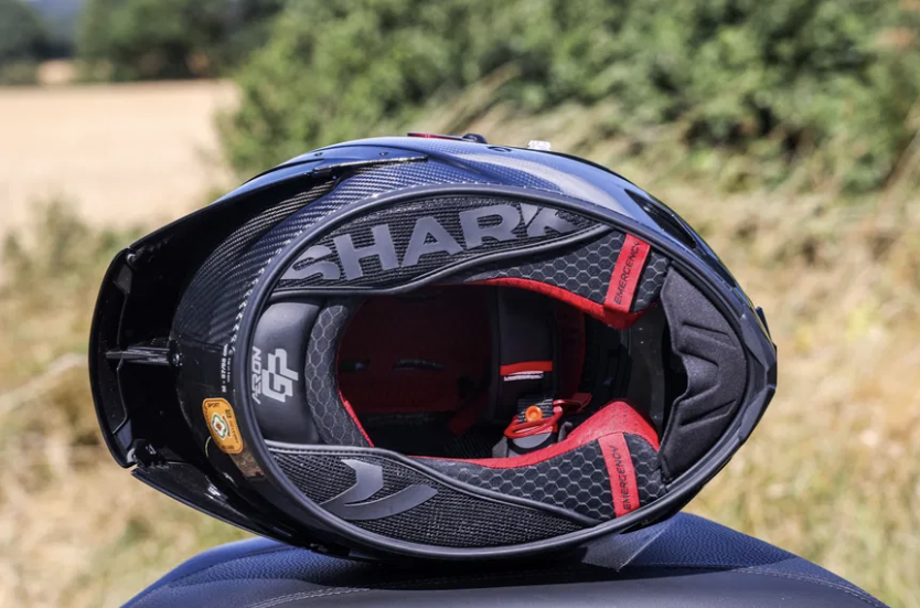 The lining of a motorcycle helmet