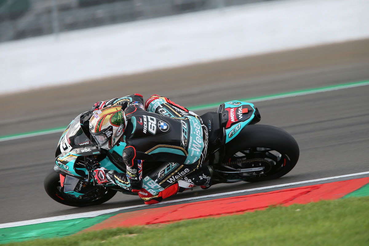 BMW M1000 RR being raced at Silverstone by Peter Hickman