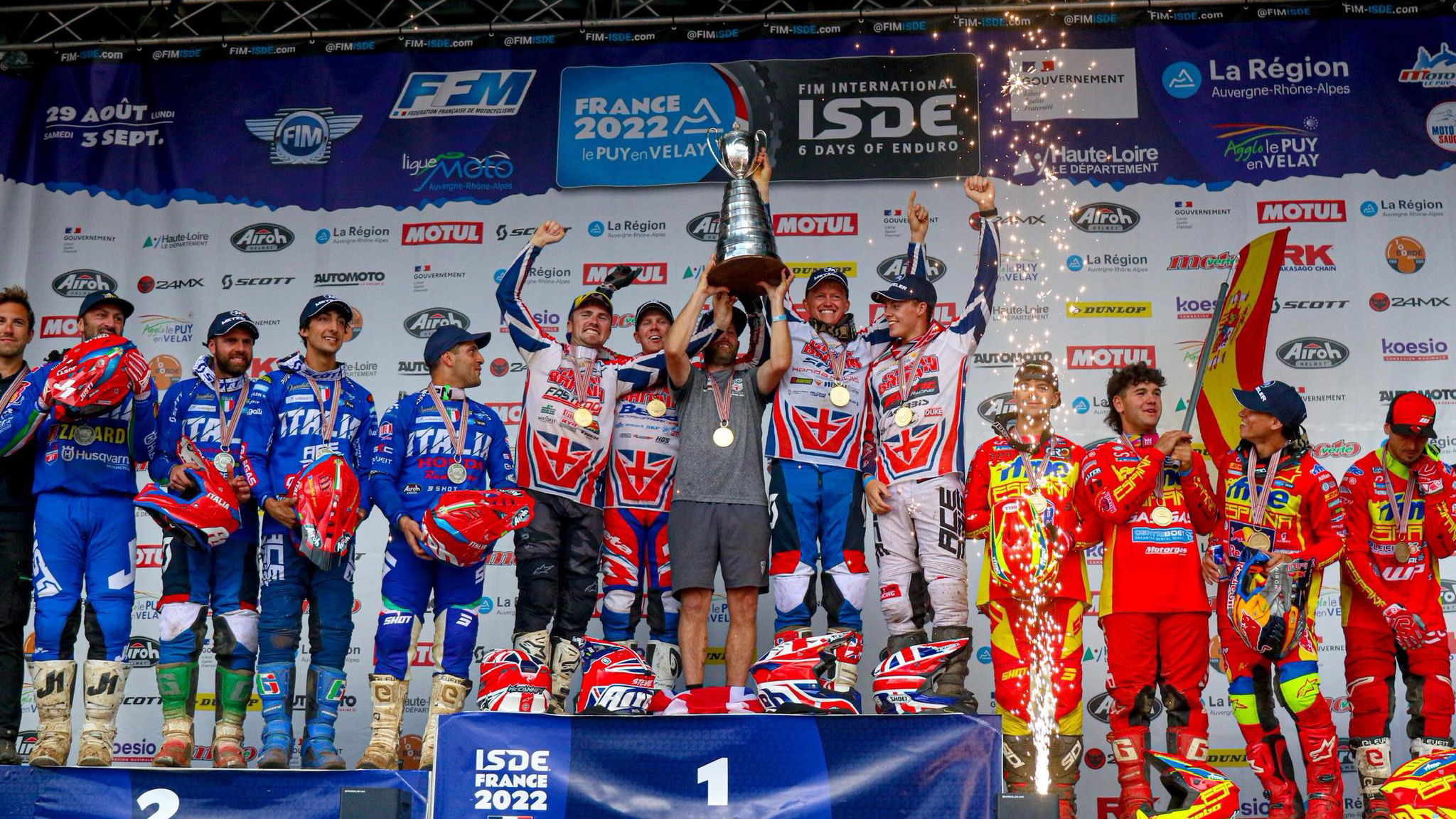 Team GB lifting the 6Days Enduro trophy. Photo credit - ACU British ISDE Team