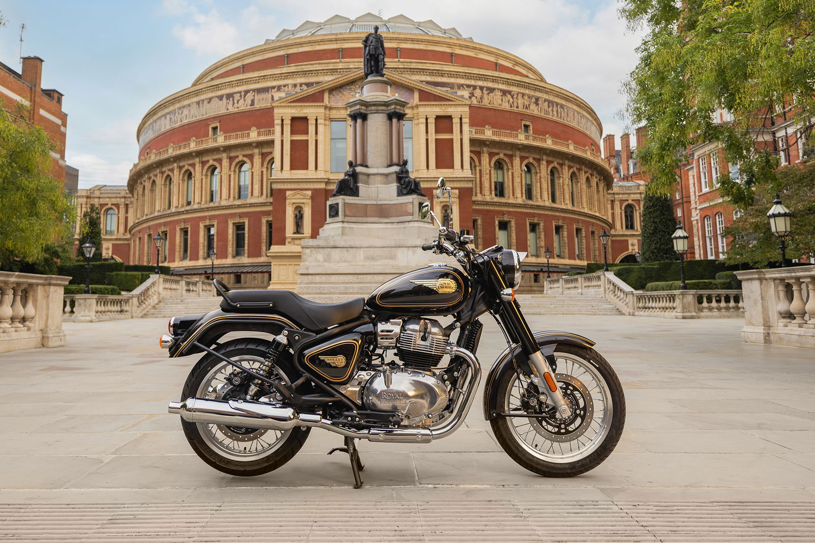 A Royal Enfield bullet 650 outside Royal Albert Hall