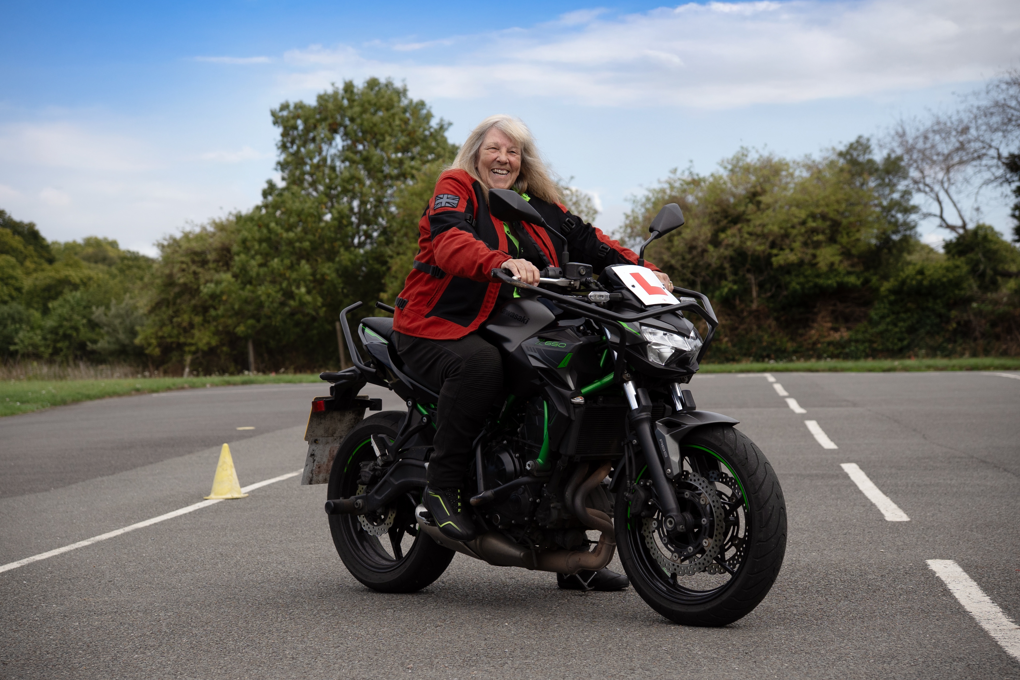 Linda Pilbeam sat on a Kawasaki Z650