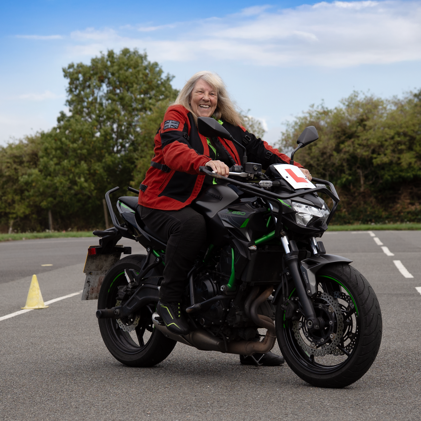 Linda Pilbeam sat on a Kawasaki Z650