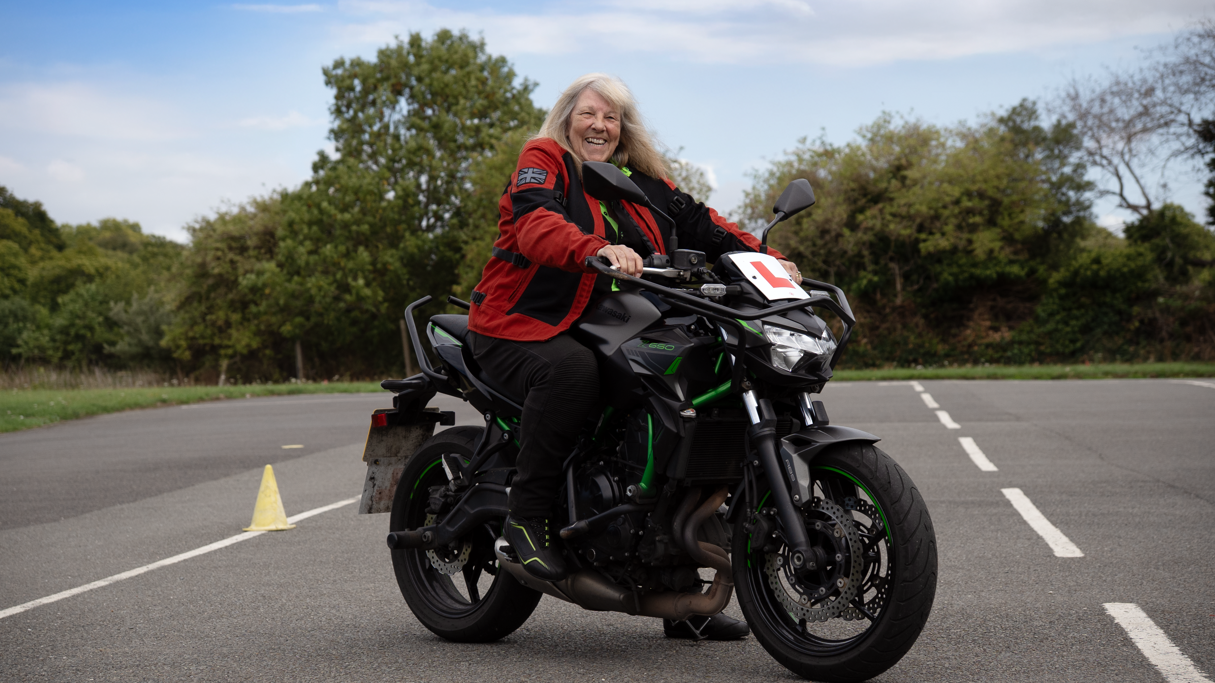 Linda Pilbeam sat on a Kawasaki Z650