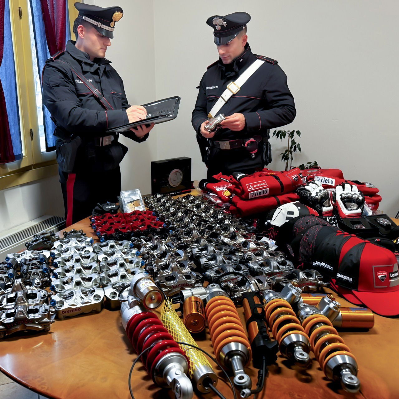Ducati race parts and accessories. Photo credit - Arma dei Carabinieri