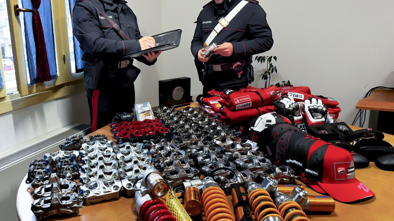 Ducati race parts and accessories. Photo credit - Arma dei Carabinieri