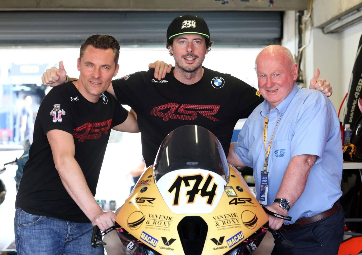 North West 200 Race Director, Mervyn Whyte, pictured with ESR boss Laurent Hoffmann and Fedrik Matthys - PICTURE BY STEPHEN DAVISON