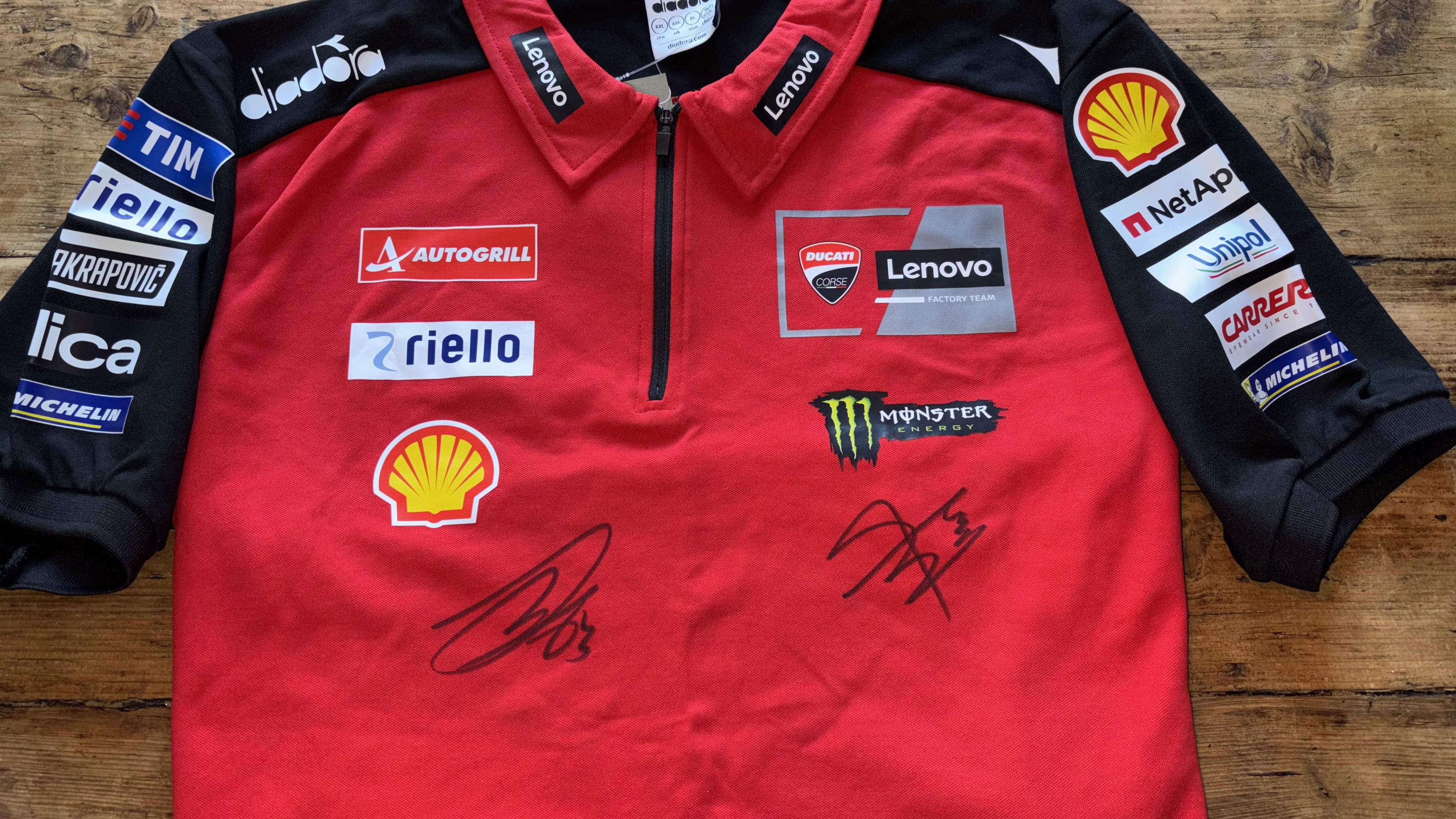 Ducati Lenovo polo signed by Marc Marquez and Francesco Bagnaia