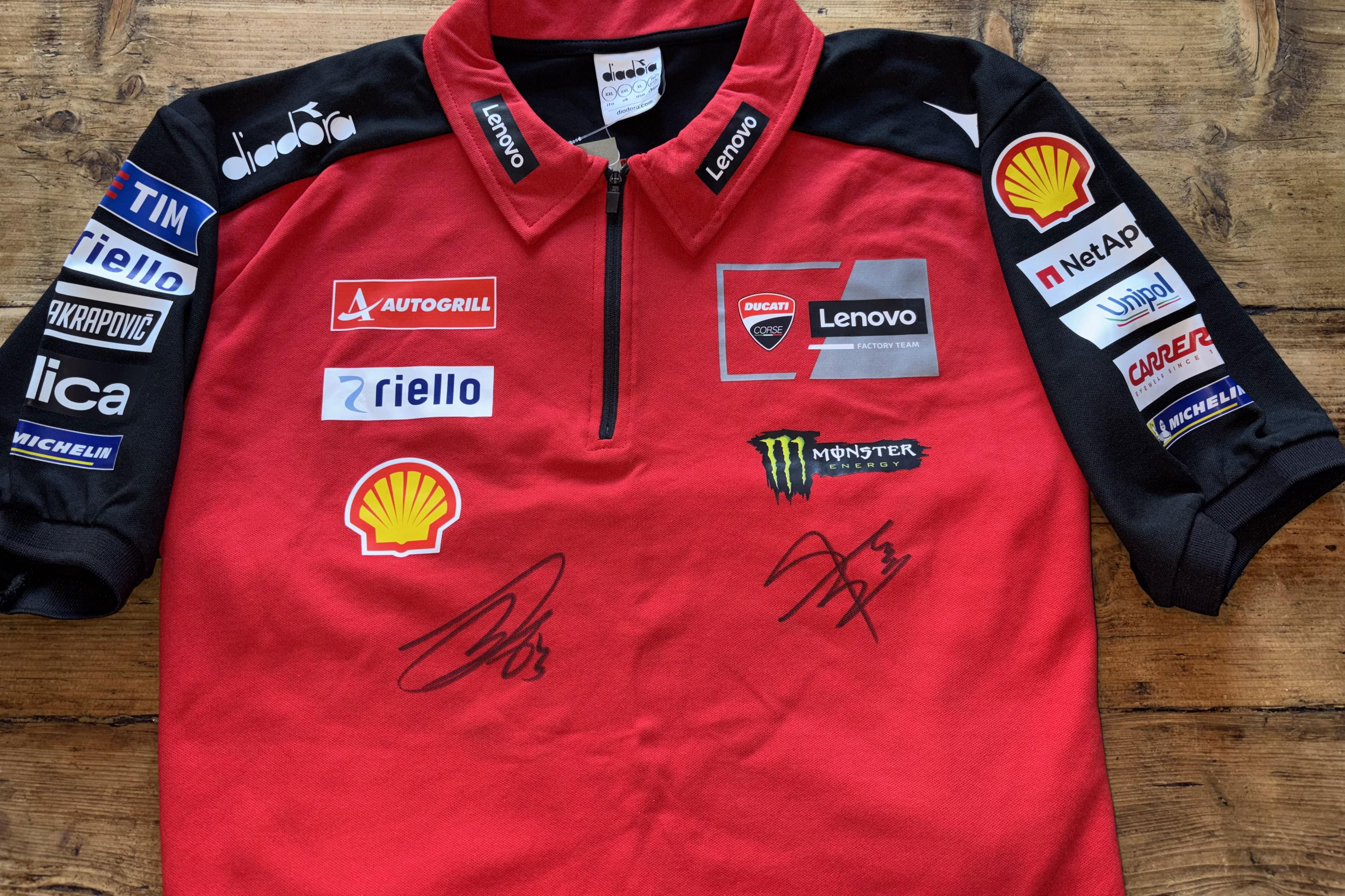 Ducati Lenovo polo signed by Marc Marquez and Francesco Bagnaia