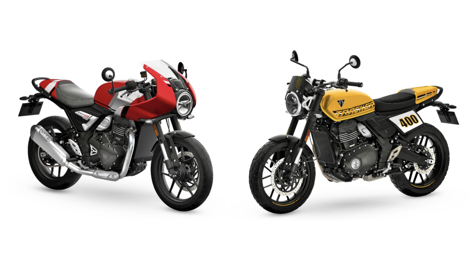 The new Triumph Thruxton 400 (L) and Tracker 400 (R)