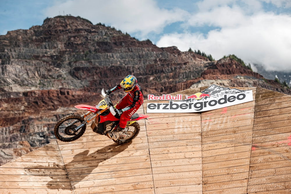 A motorcycle in action at the Red Bull Erzbergrodeo