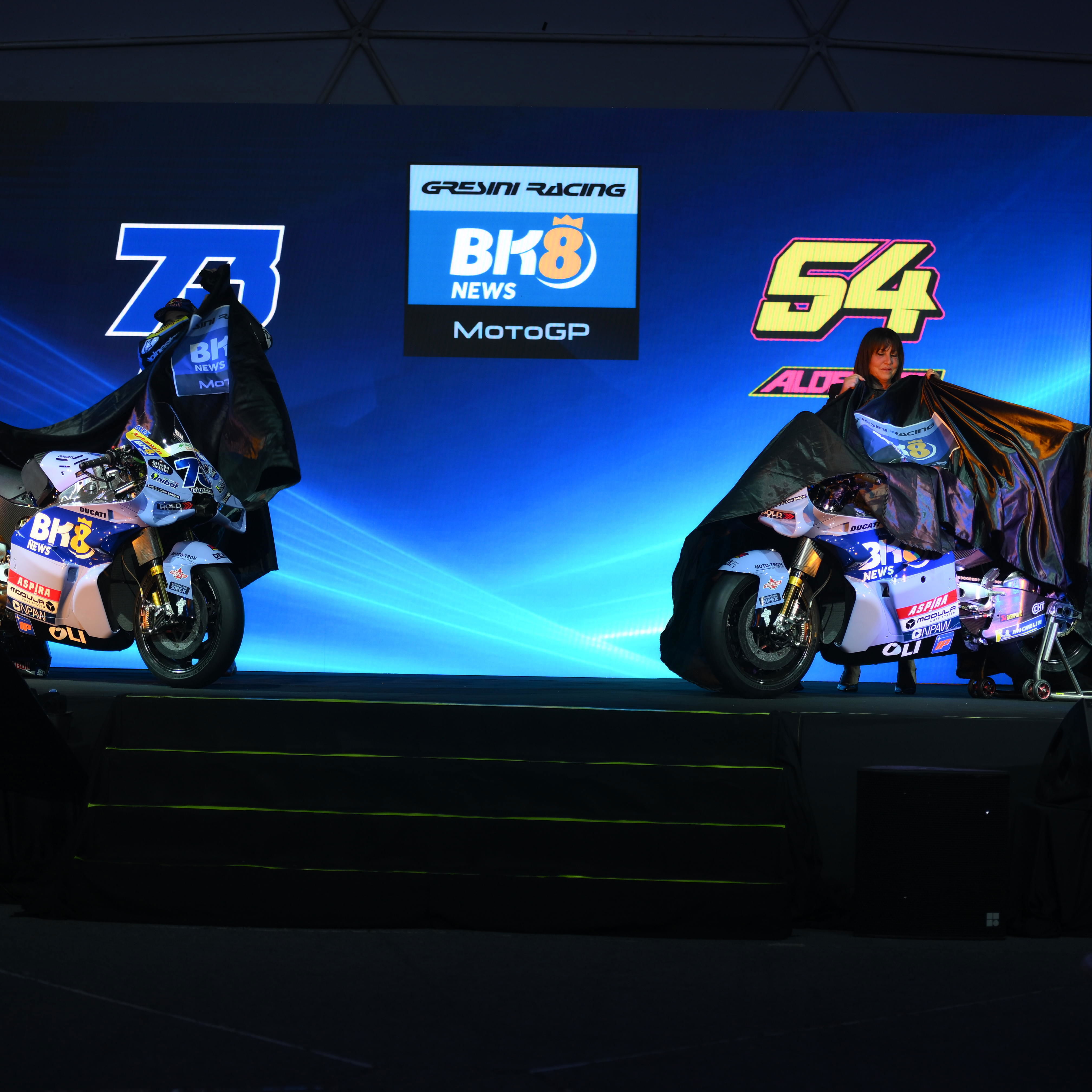 Alex Marquez and Nadia Padovani with 2026 Gresini Ducatis. Credit: Gresini Racing.